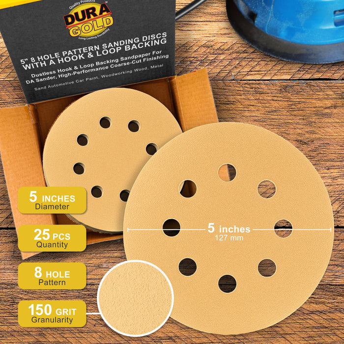 150 Grit - 5" Gold DA Sanding Discs - 8-Hole Pattern Hook and Loop - Box of 50