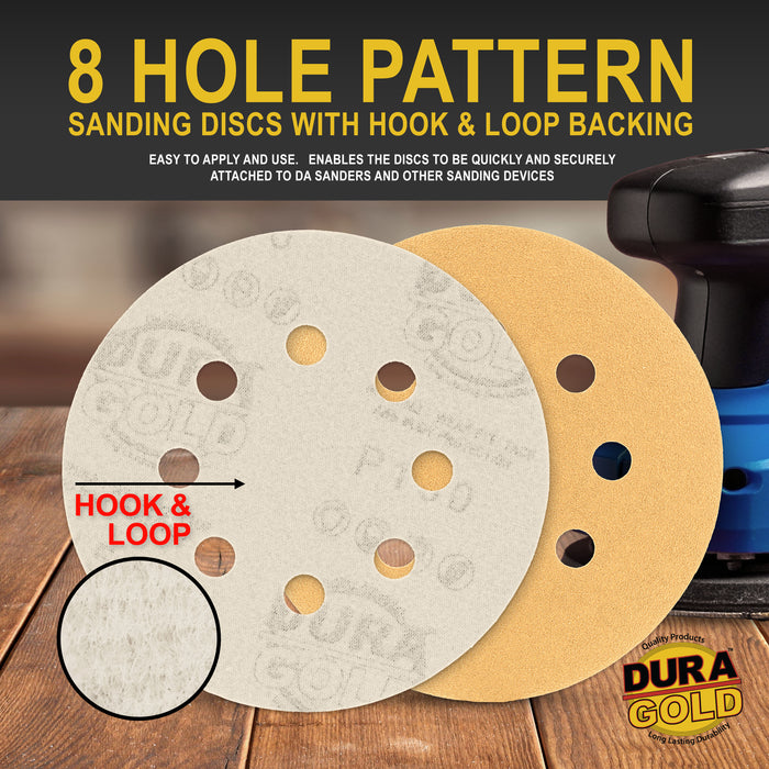 150 Grit - 5" Gold DA Sanding Discs - 8-Hole Pattern Hook and Loop - Box of 50