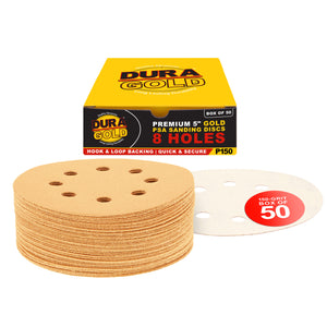 150 Grit - 5" Gold DA Sanding Discs - 8-Hole Pattern Hook and Loop - Box of 50