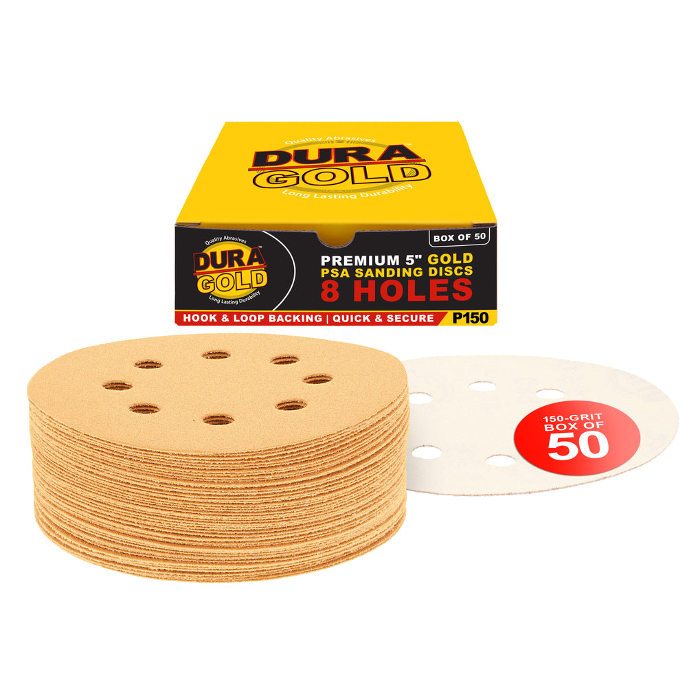 150 Grit - 5" Gold DA Sanding Discs - 8-Hole Pattern Hook and Loop - Box of 50