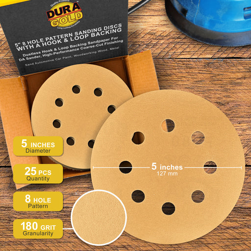 180 Grit - 5" Gold DA Sanding Discs - 8-Hole Pattern Hook and Loop - Box of 50