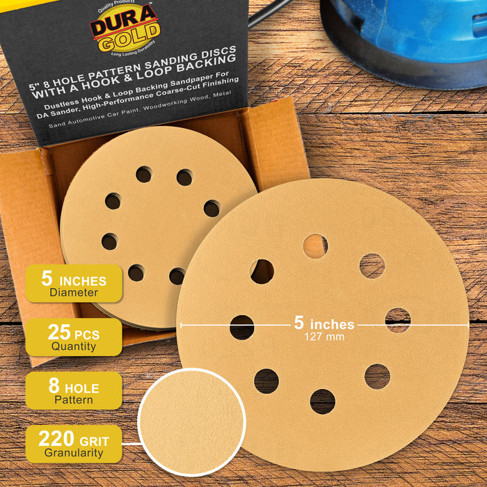 220 Grit - 5" Gold DA Sanding Discs - 8-Hole Pattern Hook and Loop - Box of 50