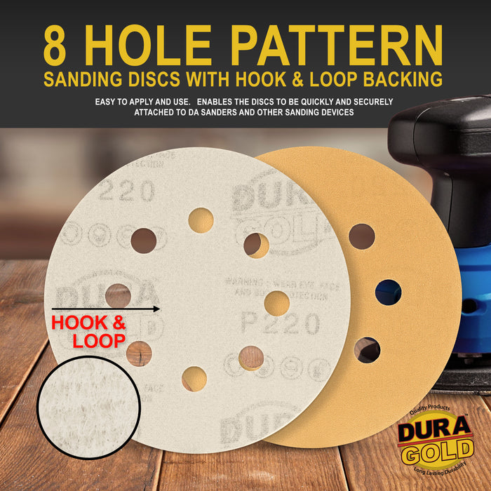 220 Grit - 5" Gold DA Sanding Discs - 8-Hole Pattern Hook and Loop - Box of 50