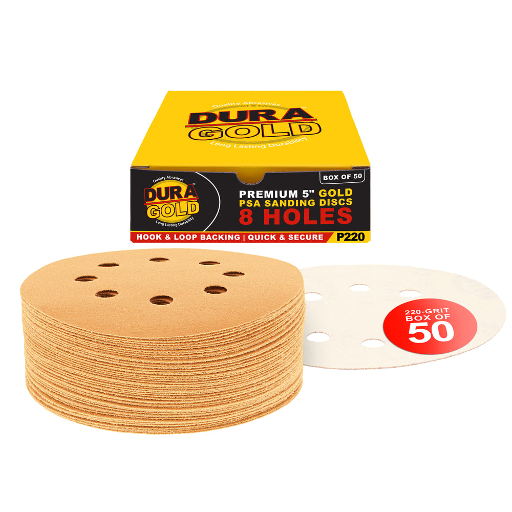 220 Grit - 5" Gold DA Sanding Discs - 8-Hole Pattern Hook and Loop - Box of 50