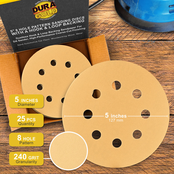 240 Grit - 5" Gold DA Sanding Discs - 8-Hole Pattern Hook and Loop - Box of 50