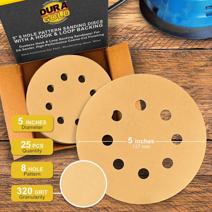 320 Grit - 5" Gold DA Sanding Discs - 8-Hole Pattern Hook and Loop - Box of 50