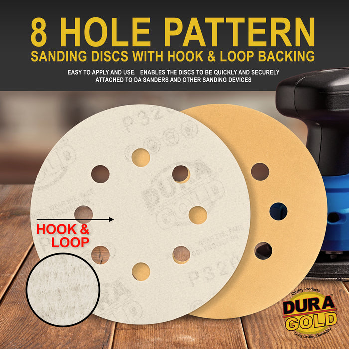 320 Grit - 5" Gold DA Sanding Discs - 8-Hole Pattern Hook and Loop - Box of 50