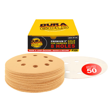 320 Grit - 5" Gold DA Sanding Discs - 8-Hole Pattern Hook and Loop - Box of 50