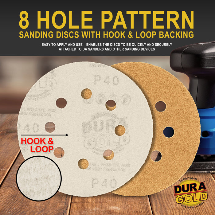 40 Grit - 5" Gold DA Sanding Discs - 8-Hole Pattern Hook and Loop - Box of 25