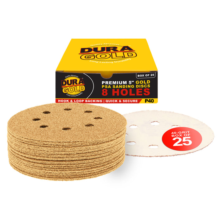 40 Grit - 5" Gold DA Sanding Discs - 8-Hole Pattern Hook and Loop - Box of 25