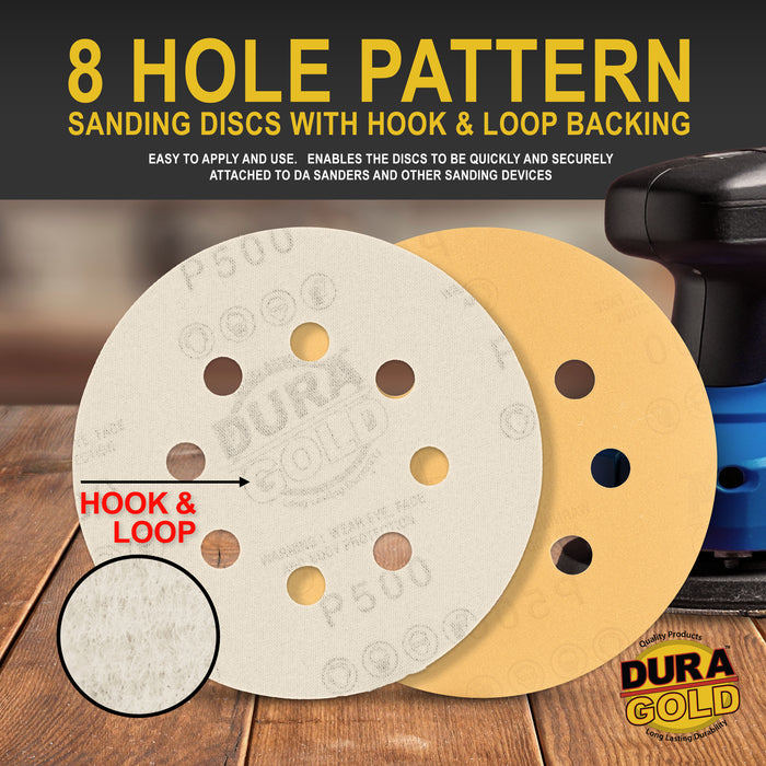 500 Grit - 5" Gold DA Sanding Discs - 8-Hole Pattern Hook and Loop - Box of 50