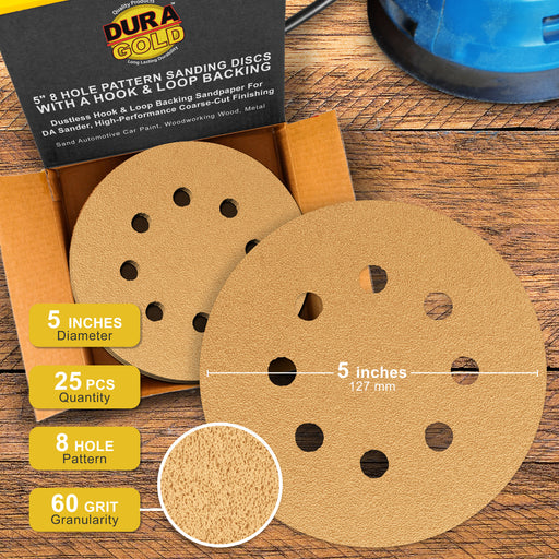 60 Grit - 5" Gold DA Sanding Discs - 8-Hole Pattern Hook and Loop - Box of 50