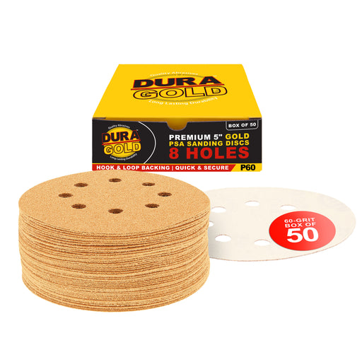 60 Grit - 5" Gold DA Sanding Discs - 8-Hole Pattern Hook and Loop - Box of 50