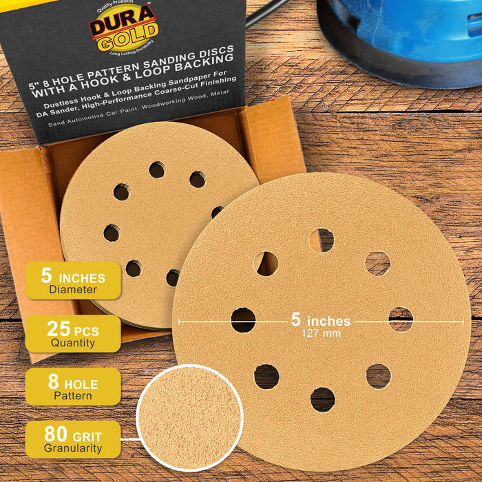 80 Grit - 5" Gold DA Sanding Discs - 8-Hole Pattern Hook and Loop - Box of 50