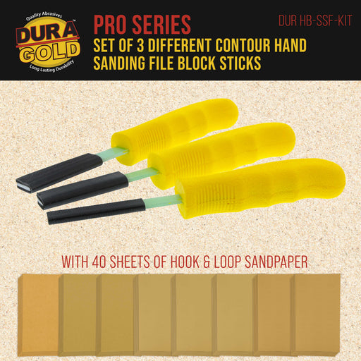 Dura-Gold Set of 3 Different Contour Hand Sanding File Block Sticks with 40 Sheet Hook & Loop Sandpaper Kit - Flat Convex Radius Profile Shapes