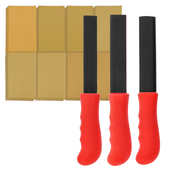 Dura-Gold Set of 3 Contour Hand Sanding File Block Sticks with 40 Sheet Hook & Loop Sandpaper Kit - 3 Different Convex Radius Profile Shapes, Teardrop