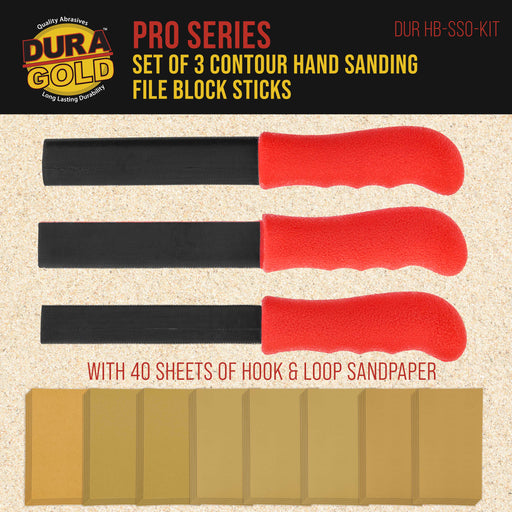 Dura-Gold Set of 3 Contour Hand Sanding File Block Sticks with 40 Sheet Hook & Loop Sandpaper Kit - 3 Different Convex Radius Profile Shapes, Teardrop