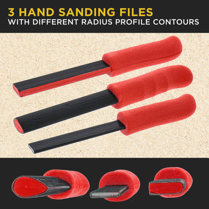 Dura-Gold Set of 3 Contour Hand Sanding File Block Sticks with 40 Sheet Hook & Loop Sandpaper Kit - 3 Different Convex Radius Profile Shapes, Teardrop