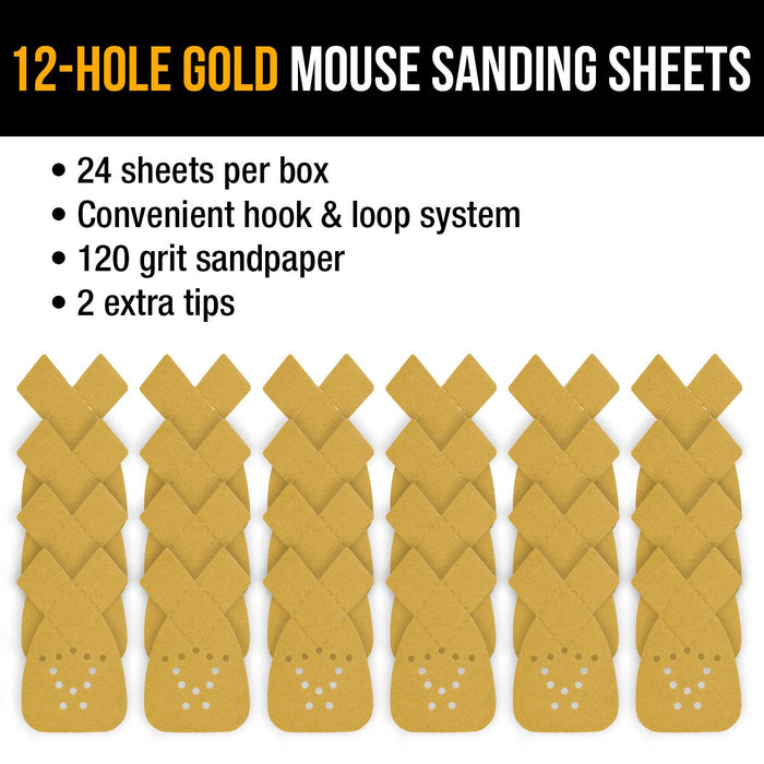 120 Grit - 12-Hole Pattern Hook & Loop Sanding Sheets for Mouse Sanders - Box of 24