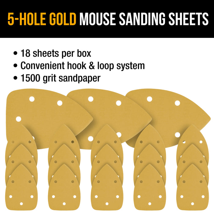 1500 Grit - 5-Hole Pattern Hook & Loop Sanding Sheets for Mouse Sanders - Box of 18