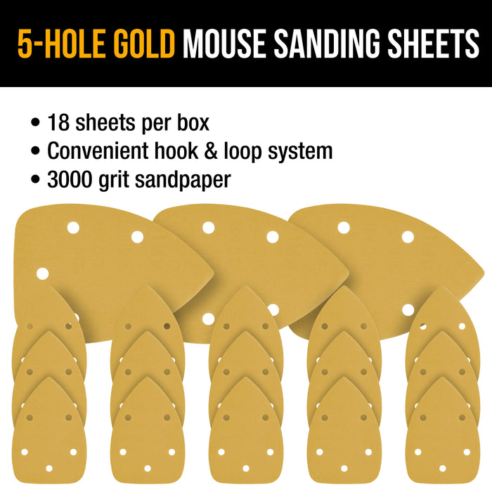 3000 Grit - 5-Hole Pattern Hook & Loop Sanding Sheets for Mouse Sanders - Box of 18
