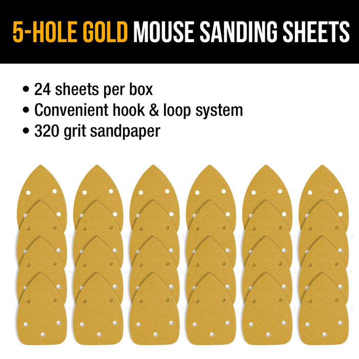 320 Grit - 5-Hole Pattern Hook & Loop Sanding Sheets for Mouse Sanders - Box of 24