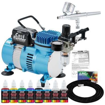 Multi-Purpose with Air Compressor - 6 Primary Opaque Colors Acrylic Paint Artist Set - G22 Gravity Feed Airbrush and