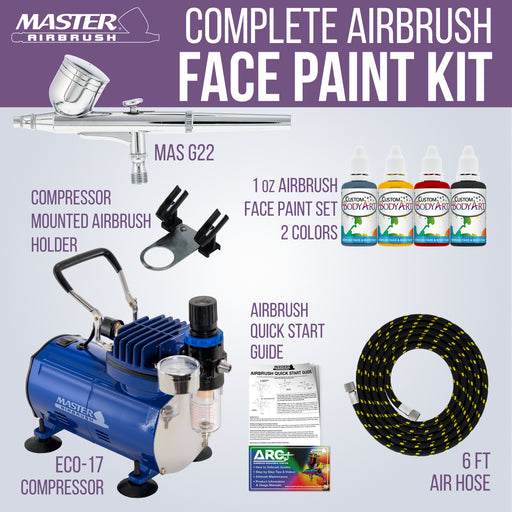 Master Airbrush Face Painting Air Brush Kit with Air Compressor - U.S. Art Supply Temporary Tattoo Kit with Custom Body Art 4 Color Face Paint Set - G22 Gravity Feed Airbrush and Compressor