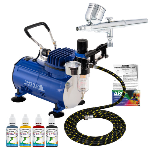 Master Airbrush Face Painting Air Brush Kit with Air Compressor - U.S. Art Supply Temporary Tattoo Kit with Custom Body Art 4 Color Face Paint Set - G22 Gravity Feed Airbrush and Compressor