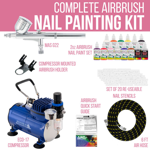 Professional Airbrush Nail Painting System Kit with Gravity Feed Airbrush, Air Compressor, 12 Color Nail Paint Set, 20 Stencil Sheets with 300 Designs