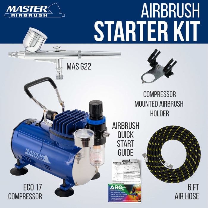 Master Airbrush Multi-Purpose Gravity Feed Air Brush Kit with Air Compressor - Model G22 Gravity Feed Dual-Action Airbrush with 1/3 oz. Fluid Cup and 0.3 mm Tip, Hose, 1/5hp Compressor