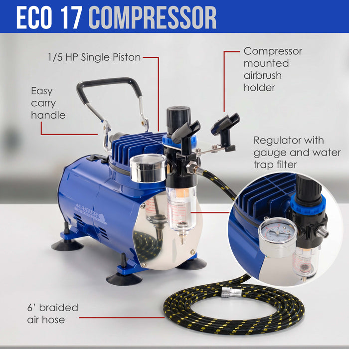 Master Airbrush Multi-Purpose Gravity Feed Air Brush Kit with Air Compressor - Model G22 Gravity Feed Dual-Action Airbrush with 1/3 oz. Fluid Cup and 0.3 mm Tip, Hose, 1/5hp Compressor