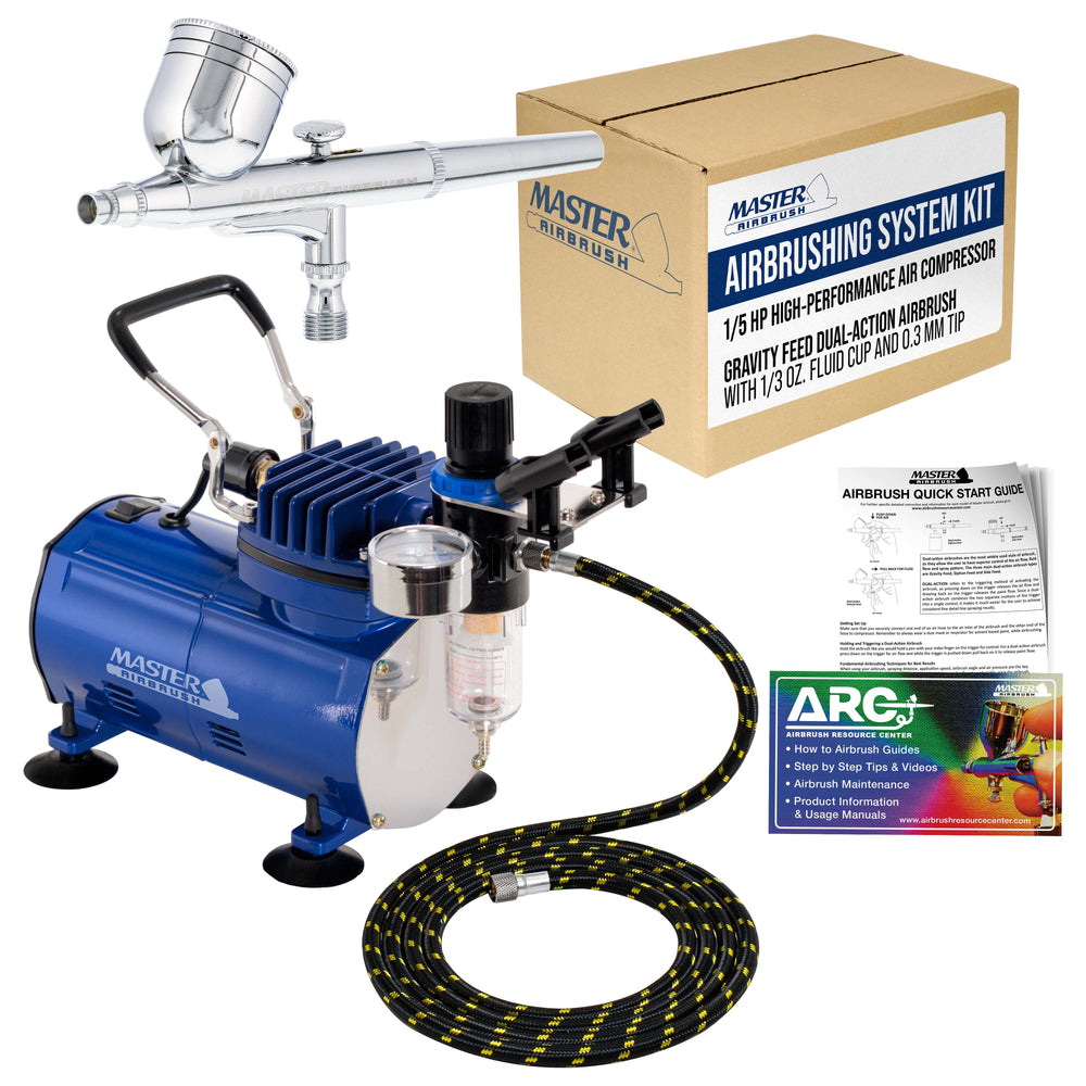 Master Airbrush Multi-Purpose Gravity Feed Air Brush Kit with Air Compressor - Model G22 Gravity Feed Dual-Action Airbrush with 1/3 oz. Fluid Cup and 0.3 mm Tip, Hose, 1/5hp Compressor