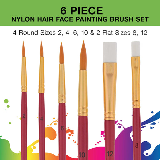 6 Piece Nylon Hair Face Painting Brush Set - 4 Round Size 2-4-6-10, 2 Flat Size 8-12