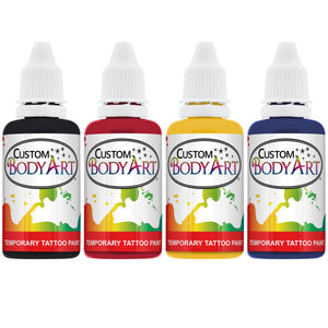 4 Primary Color Airbrush Temporary Tattoo Body Painting Set; Black, Red, Blue and Yellow in 1 oz. Bottles
