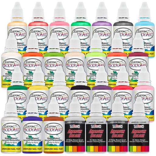 Custom Body Art 24 Color Professional Airbrush Nail Paint Plus 2 Reducers and 2 Cleaners in 1 oz. Bottles