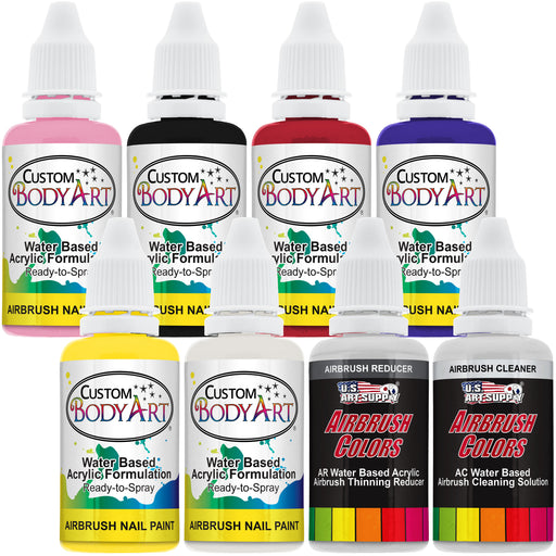 6 Color Set of Custom Body Art Airbrush Nail Paint in 1 oz. Bottles plus Reducer & Cleaner