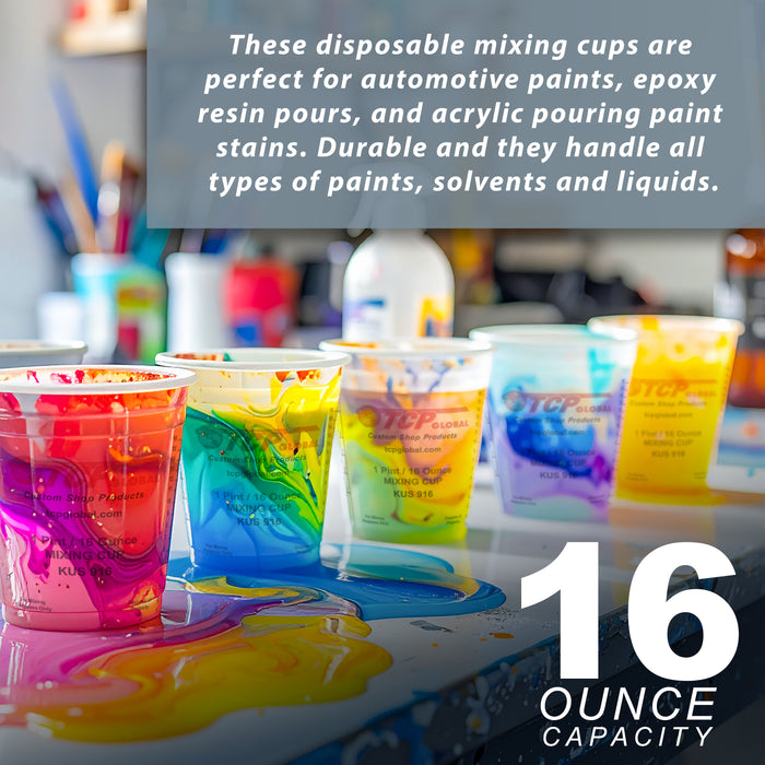 Custom Shop Paint Mixing Cups, 16-Ounce (12 Pack) - Plastic Measuring Cups for Liquids, Automotive Painting, Epoxy Resin, Acrylic Arts, Crafts, Disposable or Reusable, Graduated, Mixing Ratios