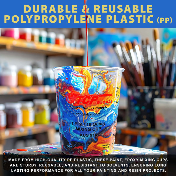 Custom Shop Paint Mixing Cups, 16-Ounce (12 Pack) - Plastic Measuring Cups for Liquids, Automotive Painting, Epoxy Resin, Acrylic Arts, Crafts, Disposable or Reusable, Graduated, Mixing Ratios