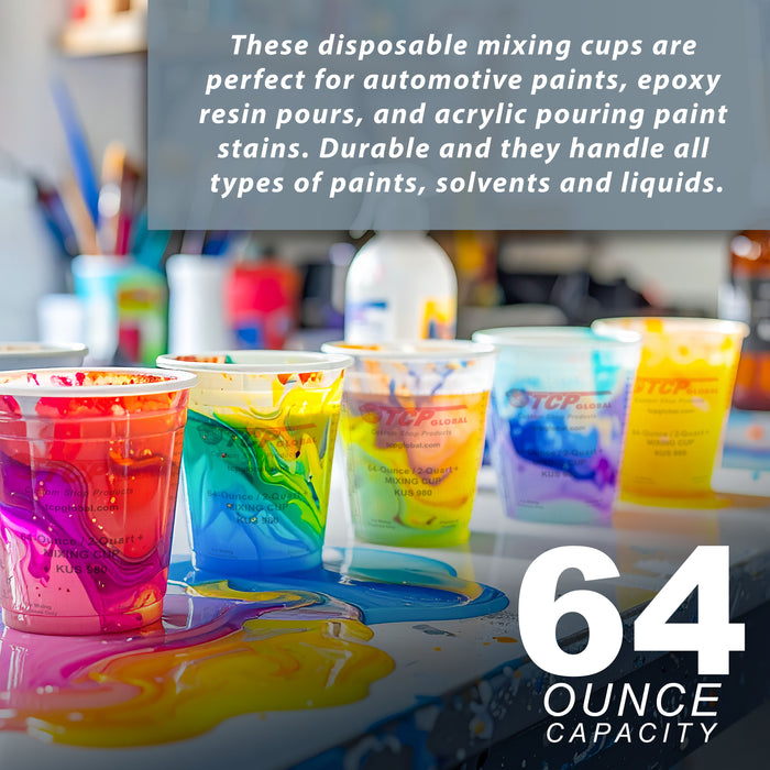 Paint Mixing Cups, 64-Ounce (12 Pack) - Plastic Measuring Cups for Liquids, Automotive Painting, Epoxy Resin, Acrylic Arts, Crafts