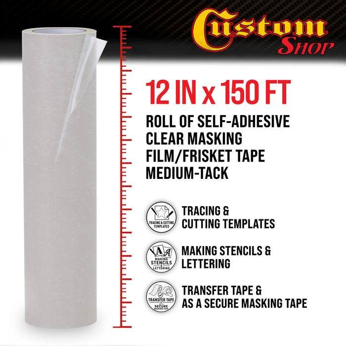 12" x 150' Frisket Masking Film Roll - Self-Adhesive Semi-Transparent Medium-Tack for Artists, Airbrush Graphics, Automotive Painting, Stencil Making, Design Transfer