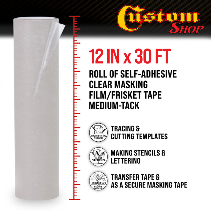 12" x 30' Frisket Masking Film Roll - Self-Adhesive Semi-Transparent Medium-Tack for Artists, Airbrush Graphics, Automotive Painting, Stencil Making, Design Transfer