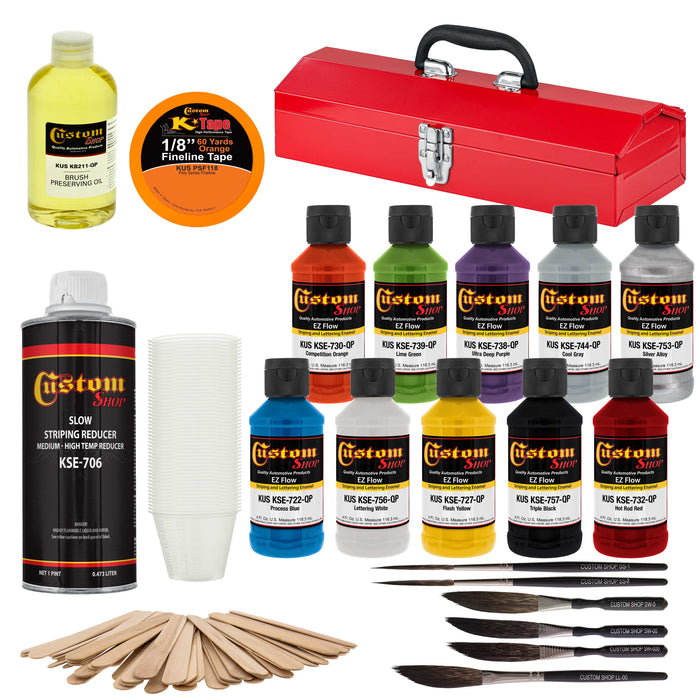 Pinstriping Ultimate Box Kit with Storage Box - 10 - 4 Ounce Enamel Paint Colors, Tape, Reducer, Brushes and Mixing Cups