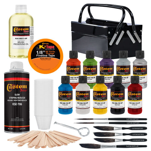 Pinstriping Ultimate Box Kit with Storage Box - 10 - 4 Ounce Enamel Paint Colors, Tape, Reducer, Brushes and Mixing Cups