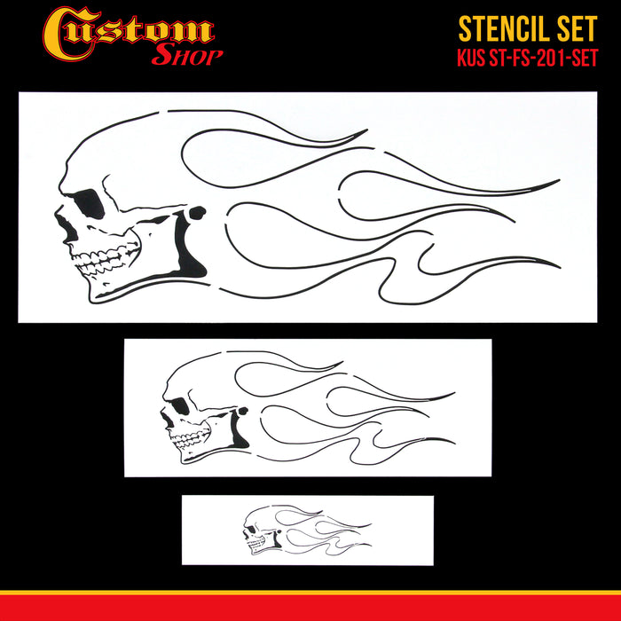 Custom Shop Airbrush Skull Fire Flame Stencil Set (Skull Design #1 in 3 Scale Sizes) - Laser Cut Reusable Templates