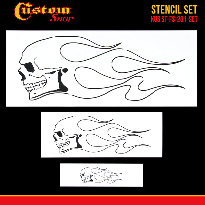 Airbrush Skull Fire Flame Stencil Set (Skull Design #1 in 3 Scale Sizes) - Laser Cut Reusable Templates