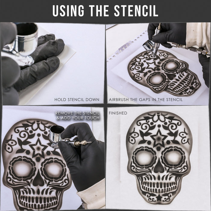 Custom Shop Airbrush Sugar Skull Day Of The Dead Stencil Set (Skull Design #10 in 3 Scale Sizes) - Laser Cut Reusable Templates