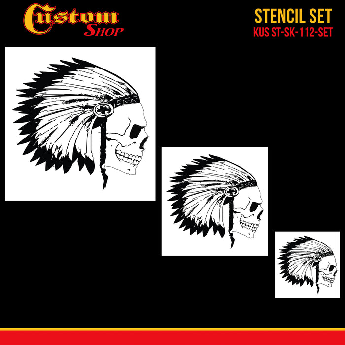 Custom Shop Airbrush Skeleton Skull Indian Chief Stencil Set (Skull Design #12 in 3 Scale Sizes) - Laser Cut Reusable Templates