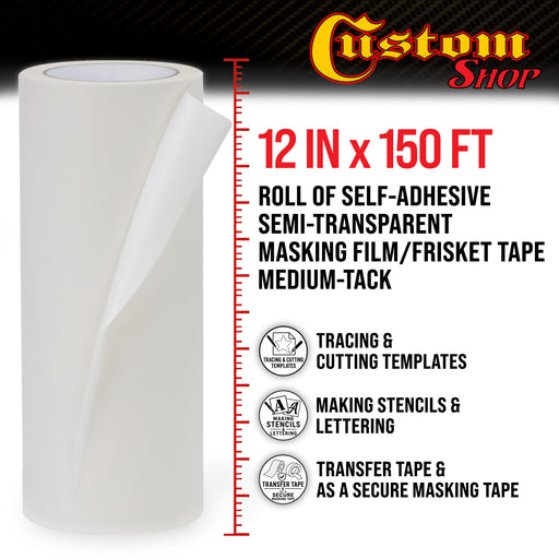 Custom Shop 12" x 150' Roll of Semi-Transparent Masking Film/Frisket for Artists, Airbrush Graphics, Auto, Tracing, Cutting Templates, Stencil Making