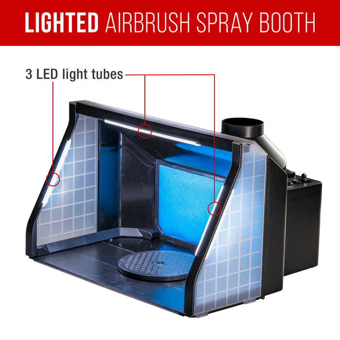 Master Portable Hobby Airbrush Spray Booth Kit with LED Lights, Exhaust Extension Hose (Extends up to 5.6 Feet) & 7.5 in. Diameter Revolving Turntable